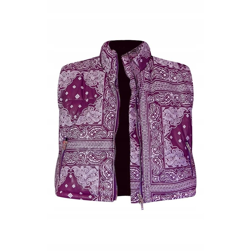 EUC PrettyLittleThing Purple Bandana Faux Leather Puffer Vest Womens Size Large